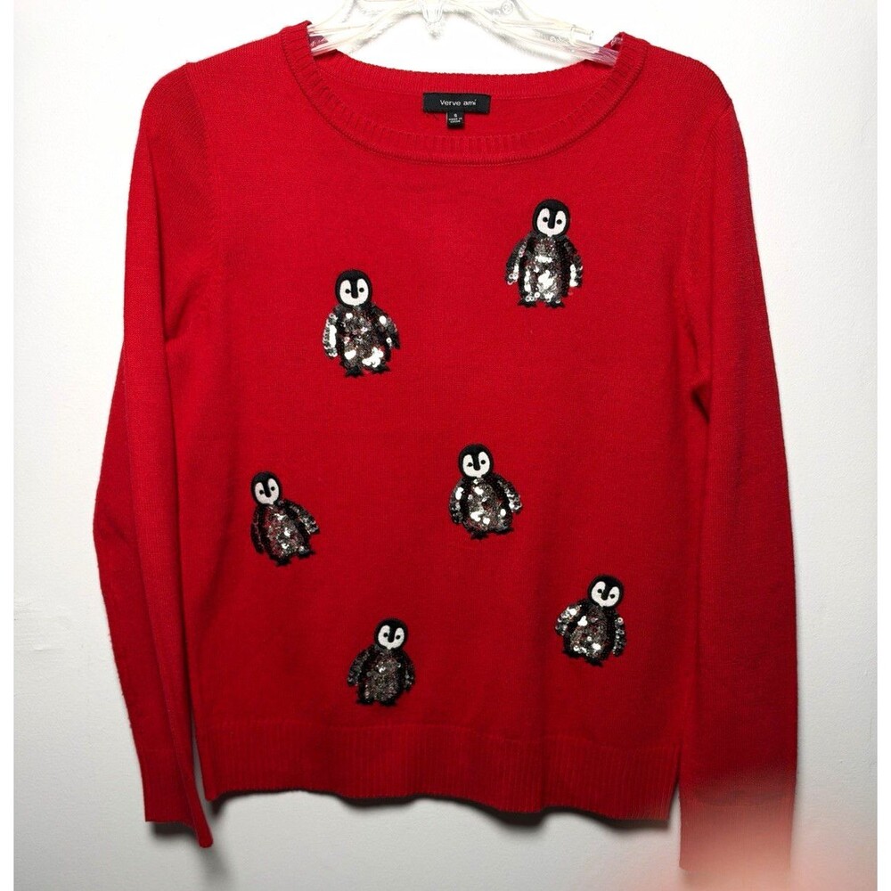 Verve ami Women’s S Red Sequin Penguin Knit Crewneck Pullover Sweater